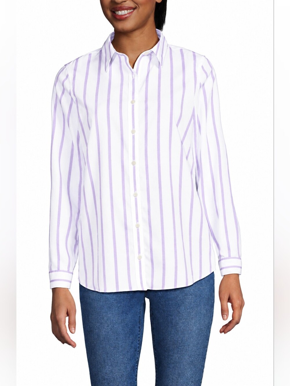 Land's End Striped Poplin Button Down Shirt White Purple Cotton Size 18W Capsule